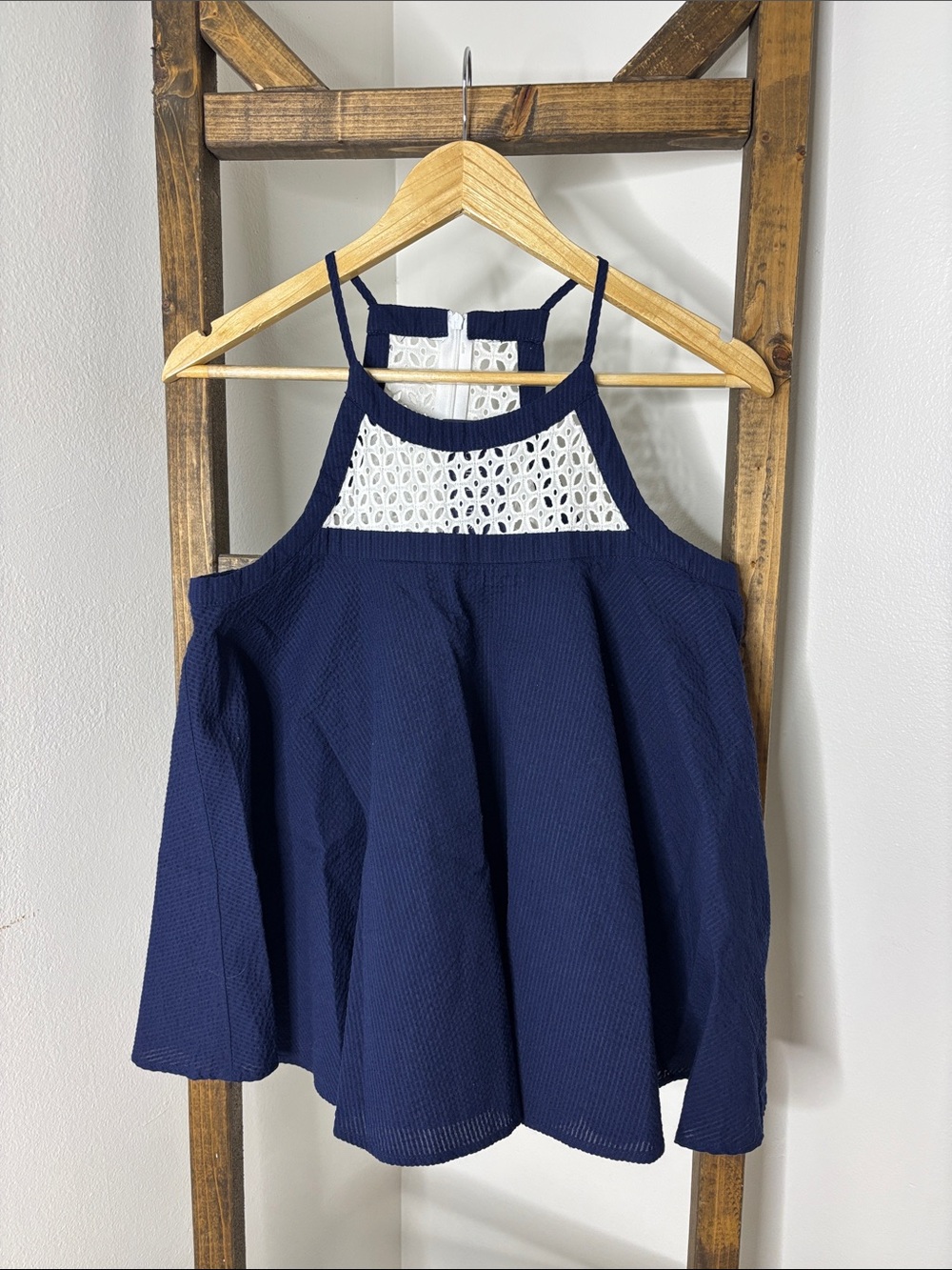 Lauren James Navy Tank with White Crochet Yoke Size S